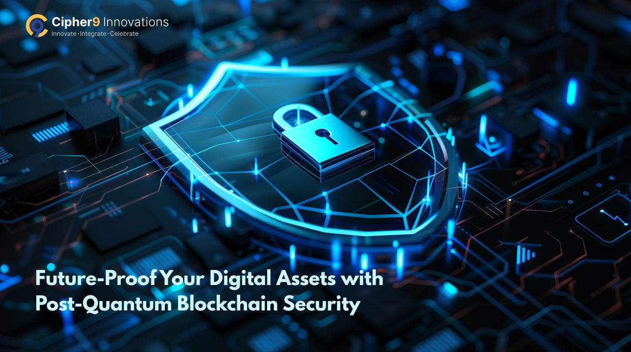 Illustration of future-proof digital assets secured with post-quantum blockchain solutions and quantum-safe cryptography