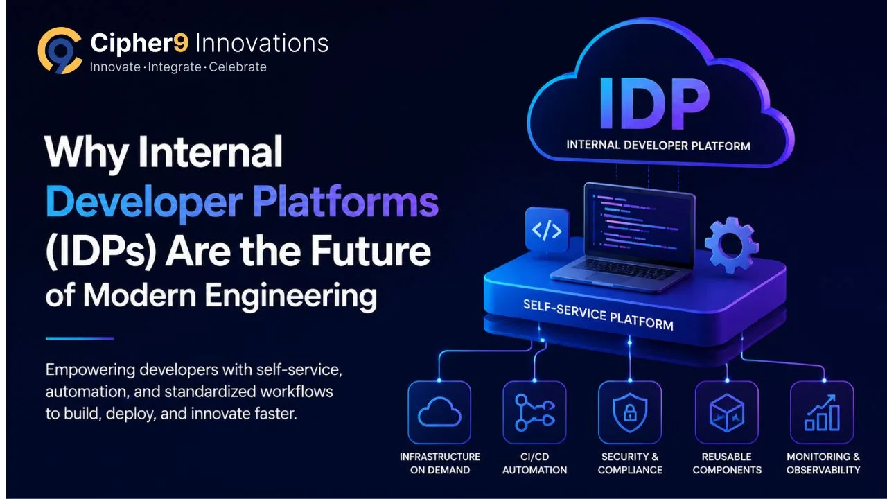 Illustration of an Internal Developer Platform (IDP) showing cloud infrastructure, CI/CD automation, security, reusable components, and monitoring workflows for modern software engineering.