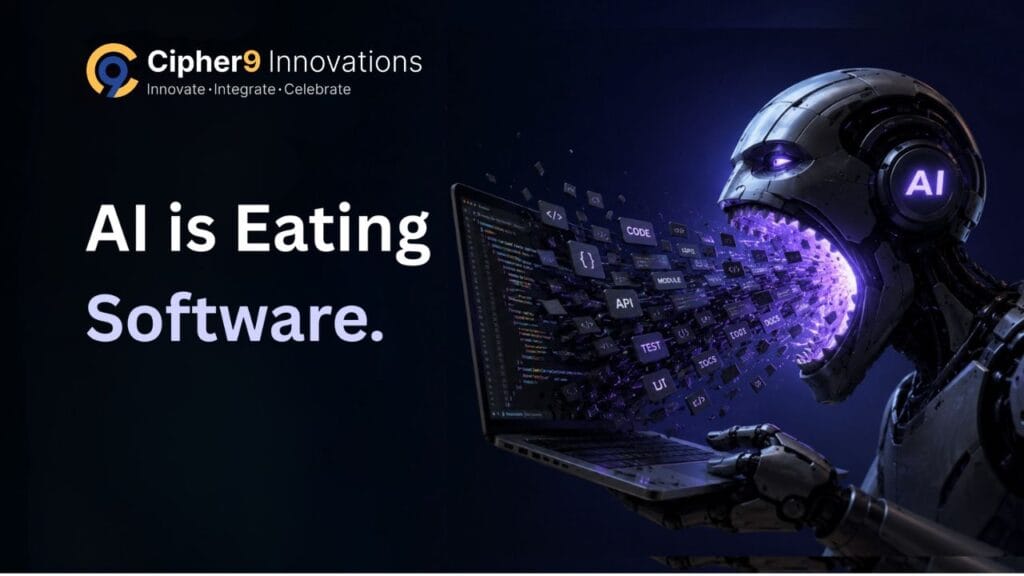 Futuristic illustration of an AI-powered robot interacting with software code, representing how artificial intelligence is transforming software development, automation, and digital innovation.