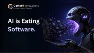 Futuristic illustration of an AI-powered robot interacting with software code, representing how artificial intelligence is transforming software development, automation, and digital innovation.
