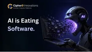 Futuristic illustration of an AI-powered robot interacting with software code, representing how artificial intelligence is transforming software development, automation, and digital innovation.